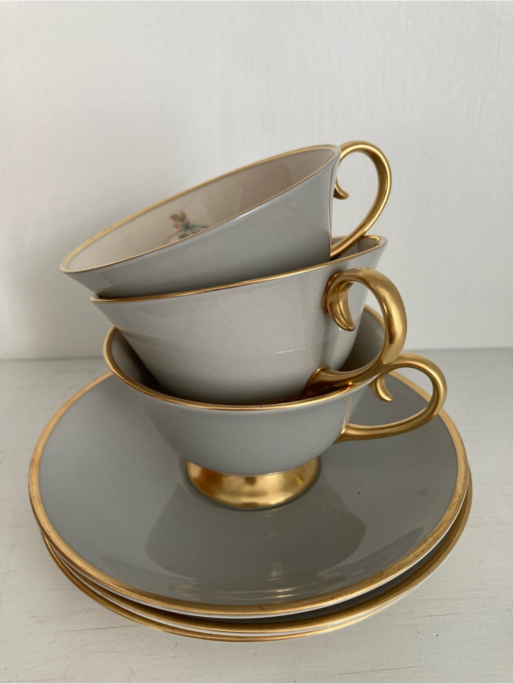 Vintage | set of 3 Flintridge  San Marino Elegant Gray &Gold Porcelain Tea Cups